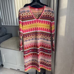 Oilily Knit Mosaic Fair Isle Pink Red Wool Blend Italy Rare Dress Vtg 80s L